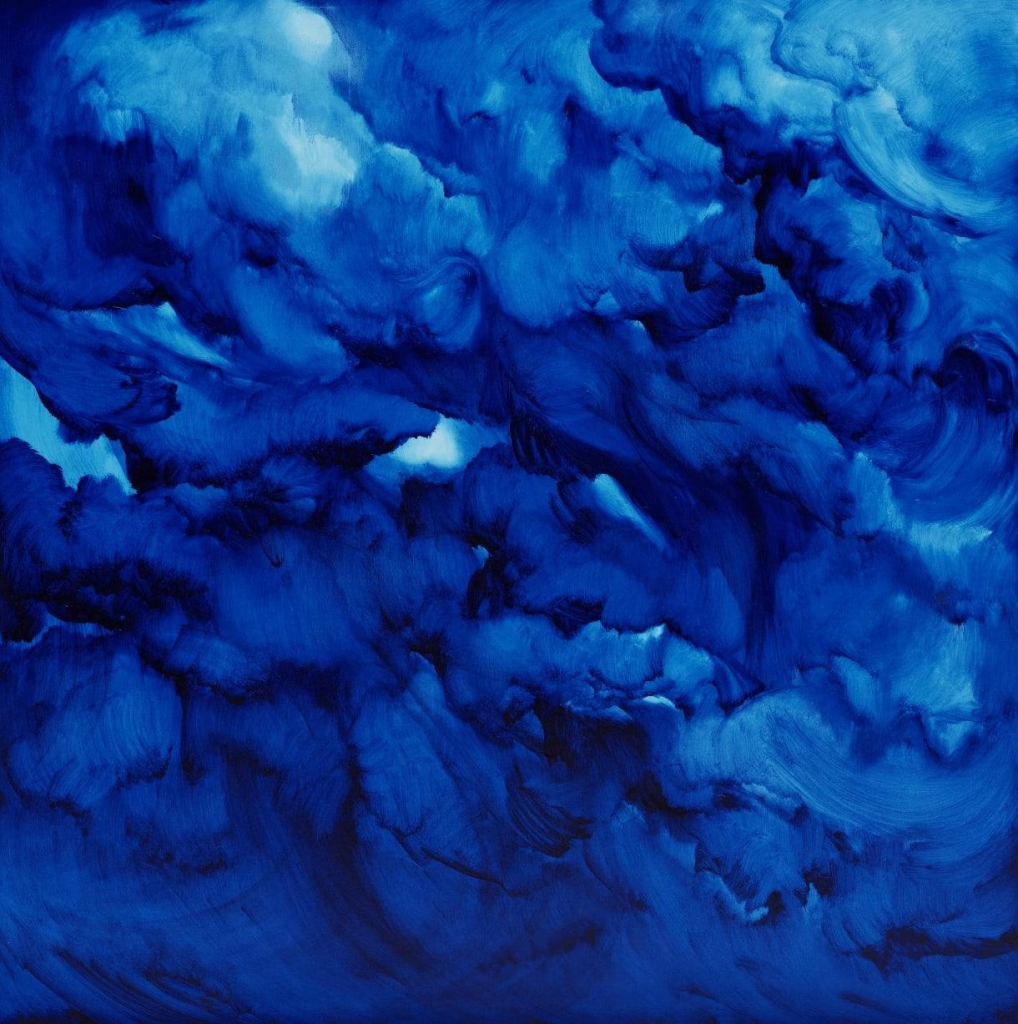 Semi-abstract painting of a cloudy sky in deep blue tones