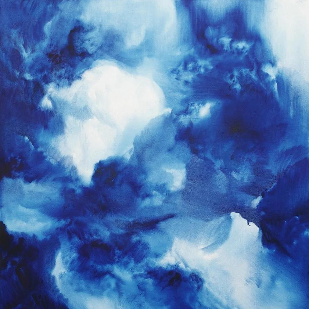 Semi-abstract painting of a cloudy sky in deep blue tones