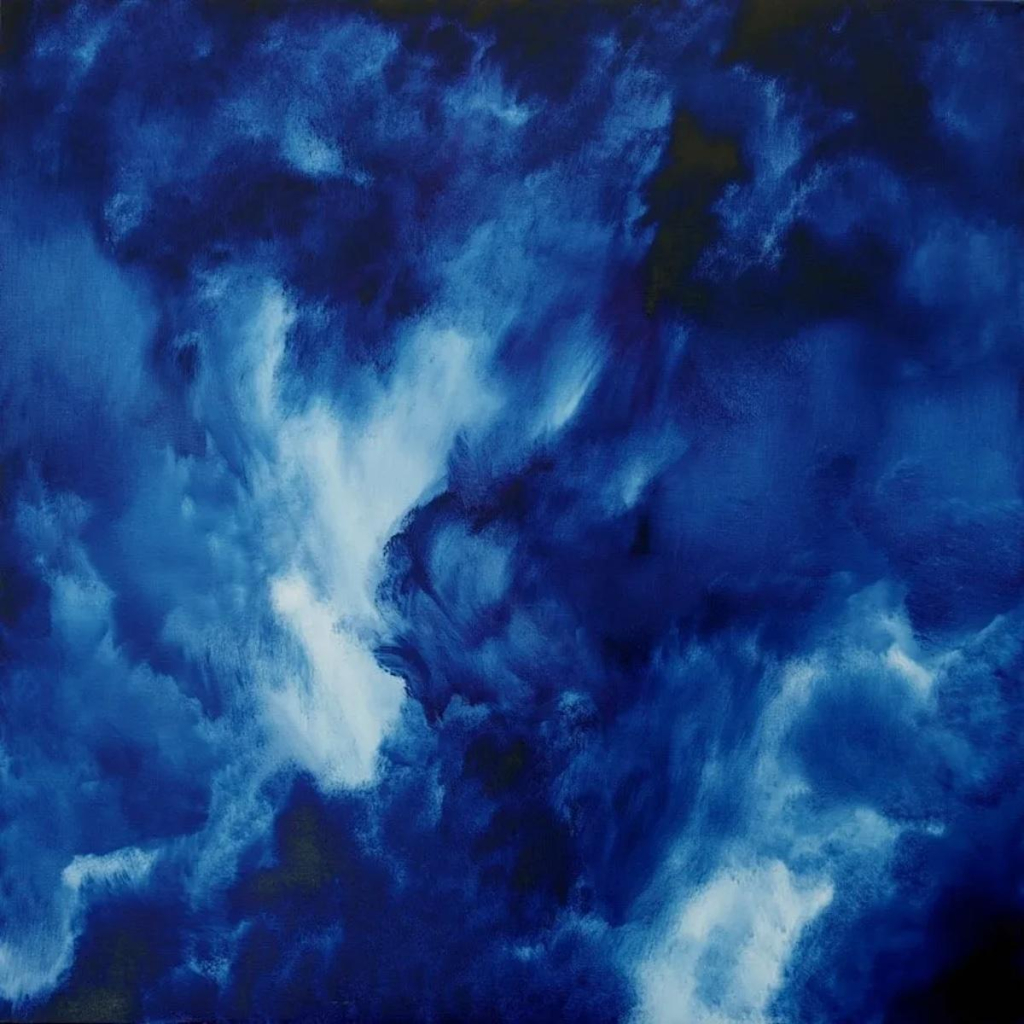 Semi-abstract painting of a cloudy sky in deep blue tones