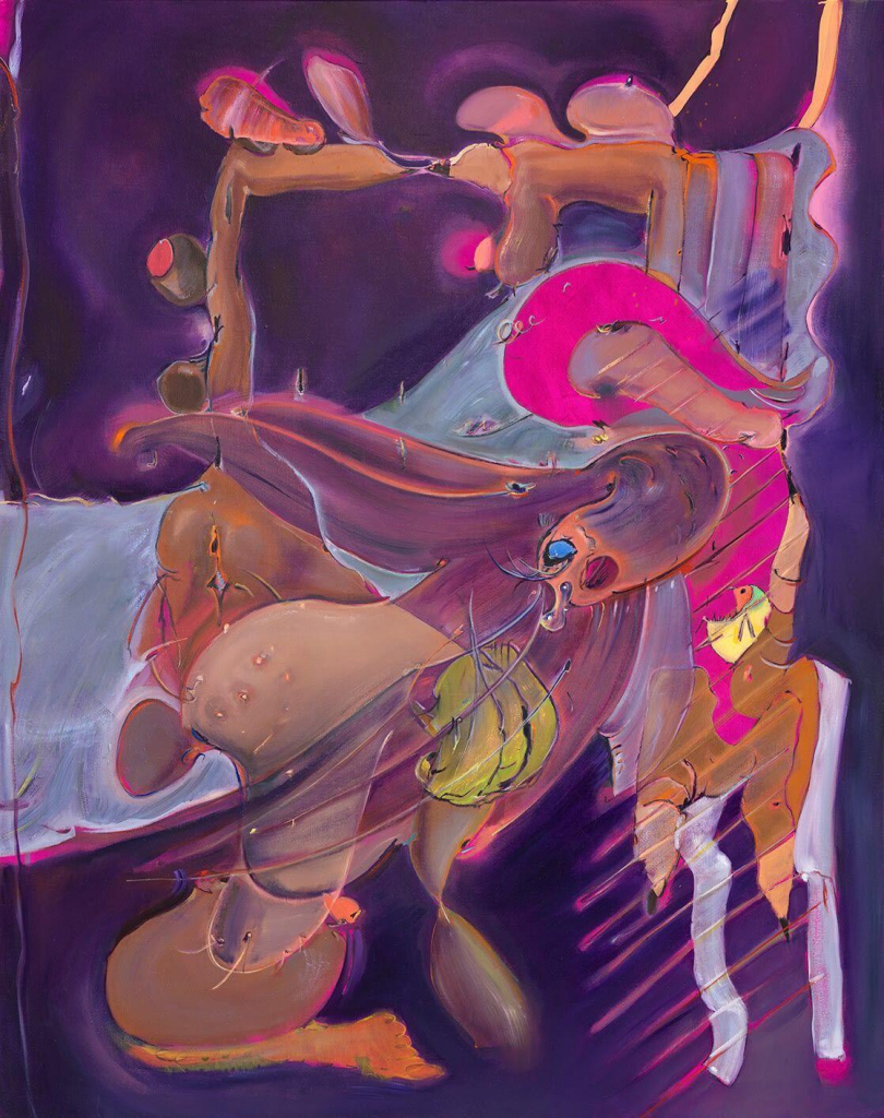 Semi-abstract painting with various floating shapes and body parts in a slightly cartoonish style