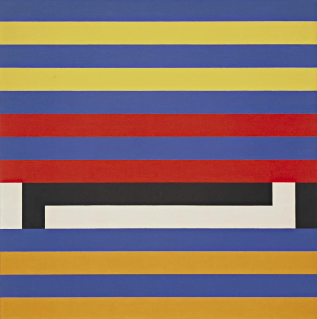 Abstract painting with horizontal lines of flat color in red, blue, and yellow, and two long "L" shapes in black and white