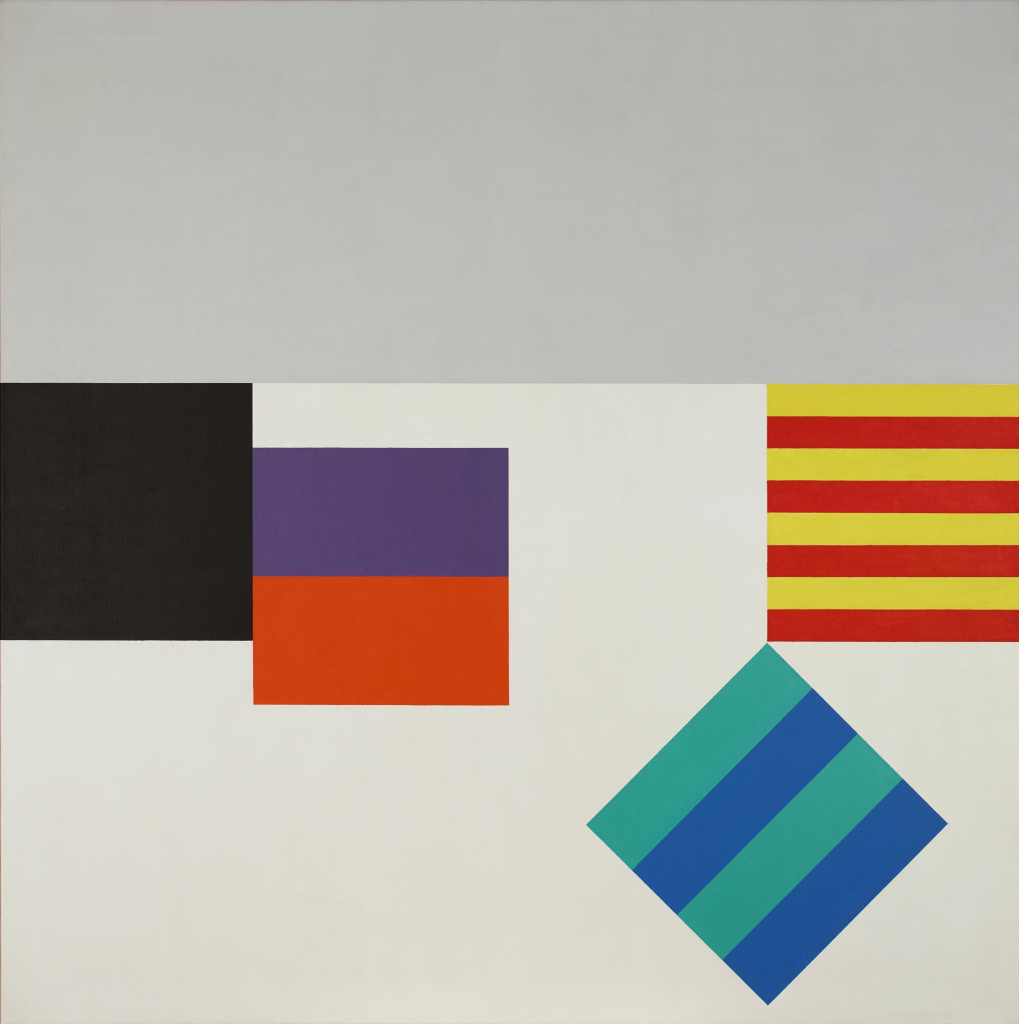 Abstract painting with a square pale grey field and three squares along the center in a row in black, purple/red, and red/yellow stripes. A striped green/blue diamond seems to fall from the row of squares, hanging down by its tip down to the bottom of the canvas