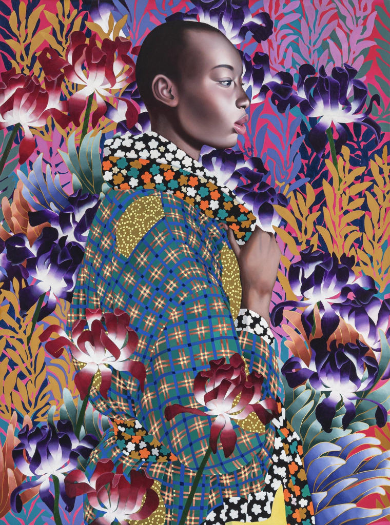 Painting of a Black woman in profile with short hair wearing a patterned coat and scarf, surrounded by colorful flowers