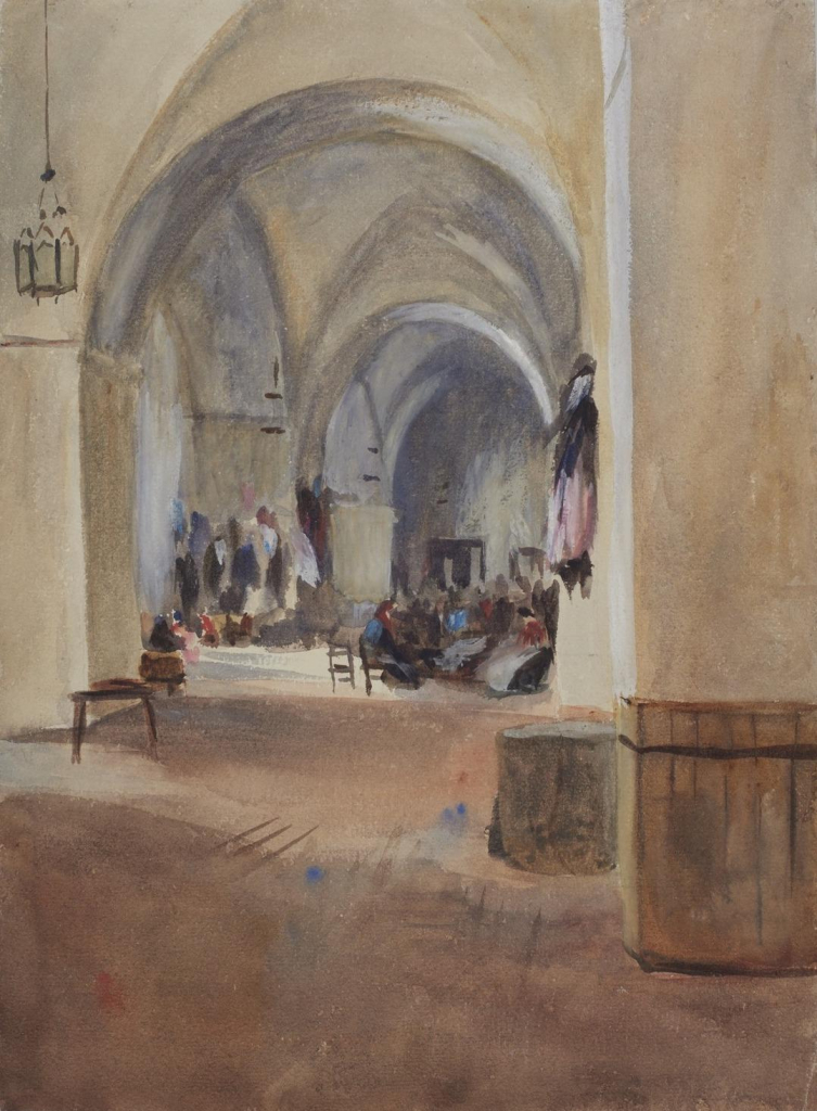 Watercolor of a stone building interior with vaulted ceilings and people gathered in the distance