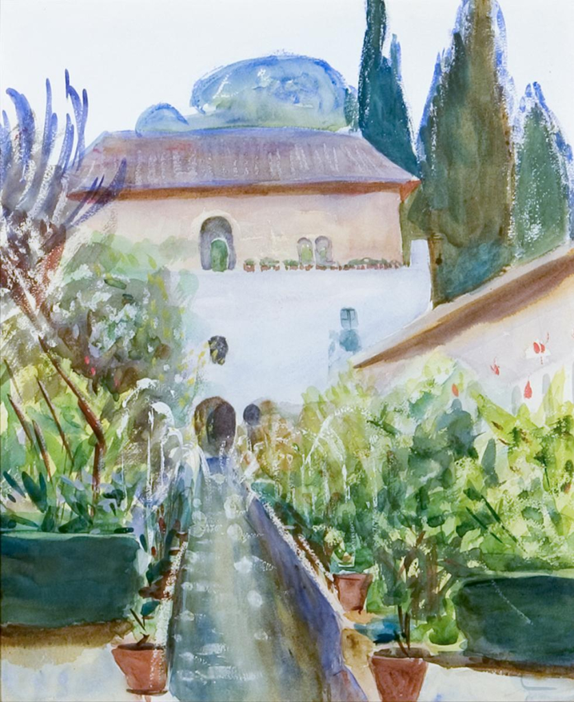 Watercolor of a garden path leading to a multi-level house with white walls and various greenery on each side of the walkway