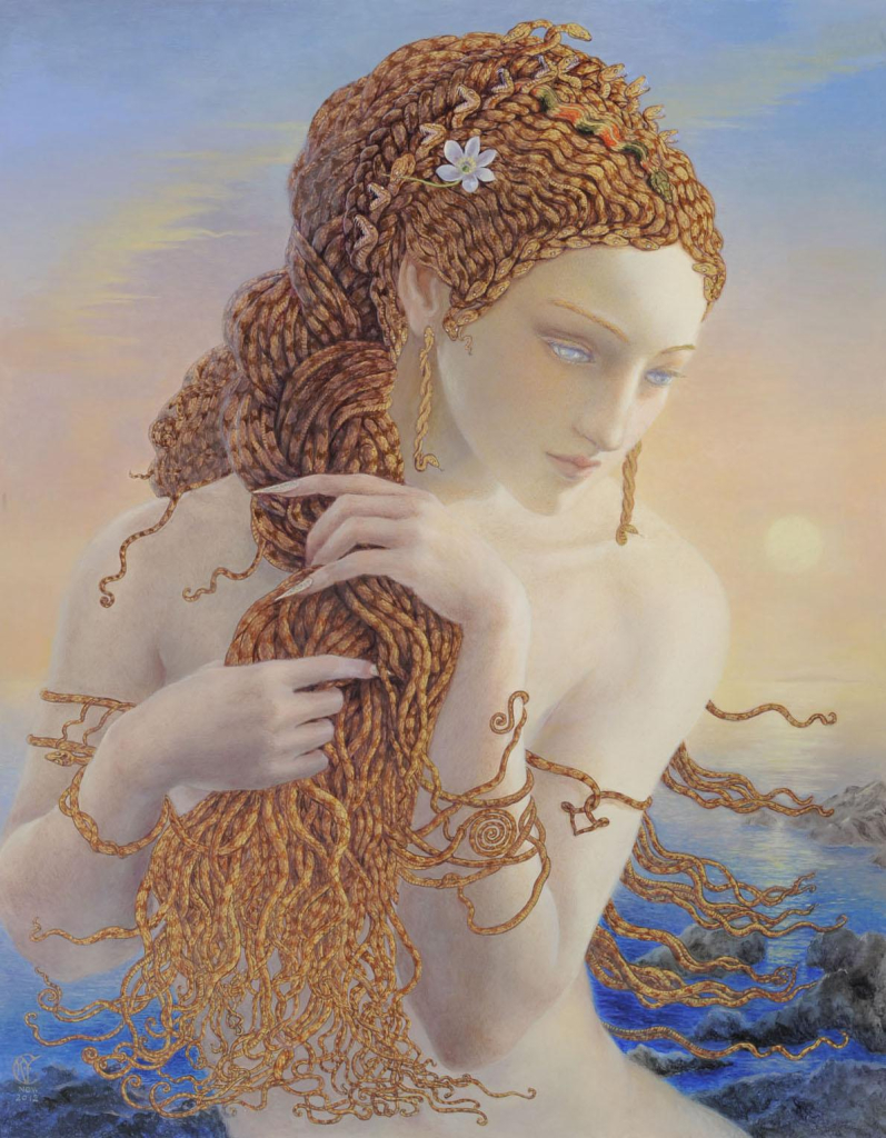 Illustration of a young white woman braiding her long red hair against an ocean backdrop