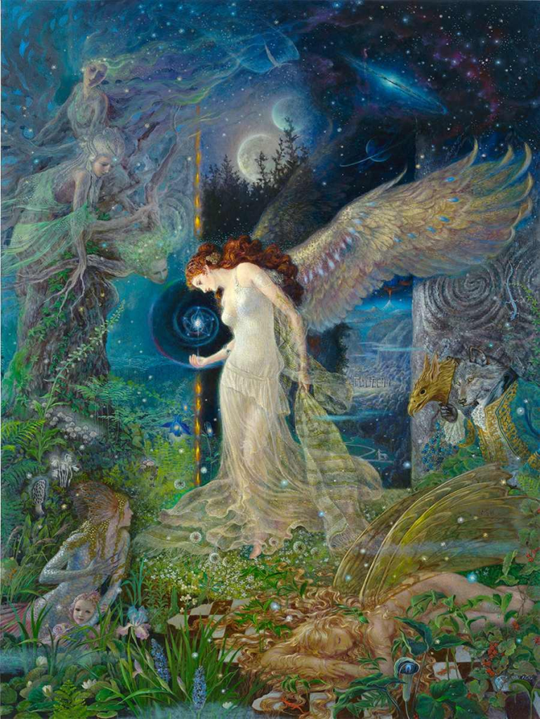 Illustration of a young white woman in a flowing white dress with iridescent bird wings, standing in a fantastical nighttime landscape surrounded by fairy creatures and animals