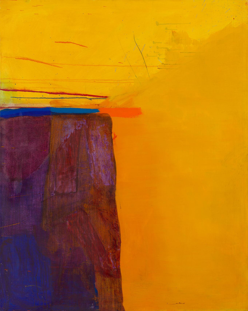 Abstract painting with a blocky maroon shape along the left against a golden yellow background