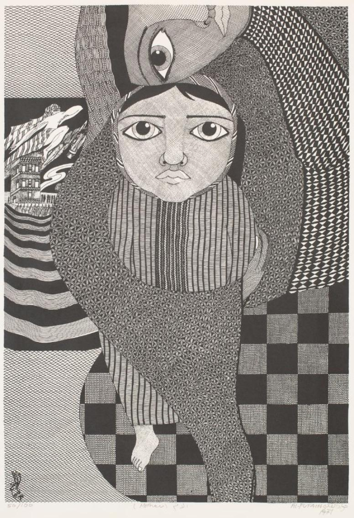 Highly detailed black and white composition of a figure in closeup dressed in various patterned fabrics, leaning over as she holds a small child against her side. The child looks directly at the viewer with a sad expression