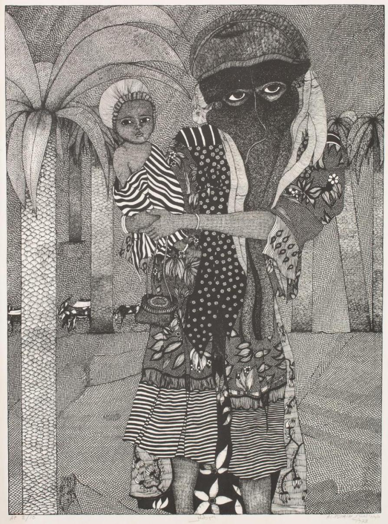 Highly detailed black and white composition of a figure dressed in various patterned fabrics with their face covered up to their eyes, holding a child, surrounded by palm trees