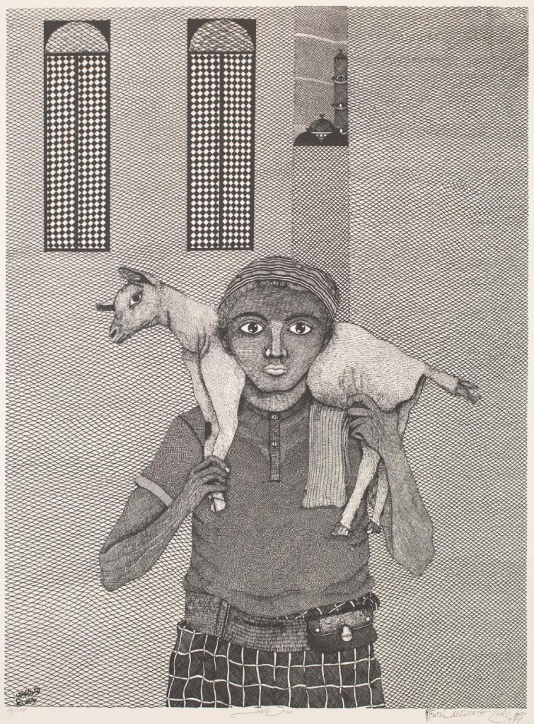 Highly detailed black and white composition of a young man holding a goat over his shoulders, standing against a high wall with narrow windows