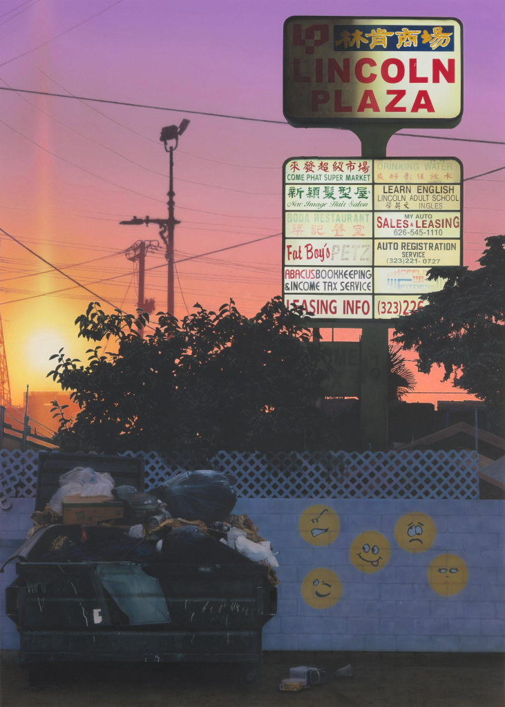 Painting of an overfull dumpster under a glowing sign for "Lincoln Plaza" with various business names, against a purple-pink sunset and silhouetted power lines