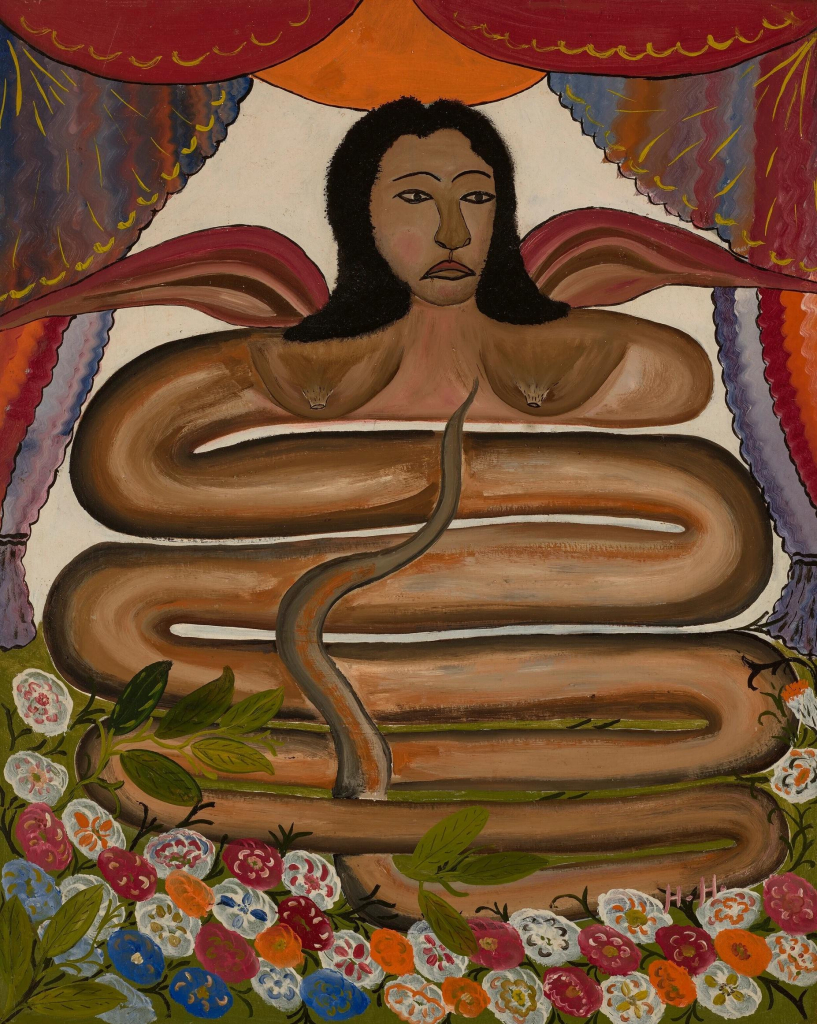 Painting of a creature with the head of a woman with dark hair, the body of a snake curving in several layers, and small red wings