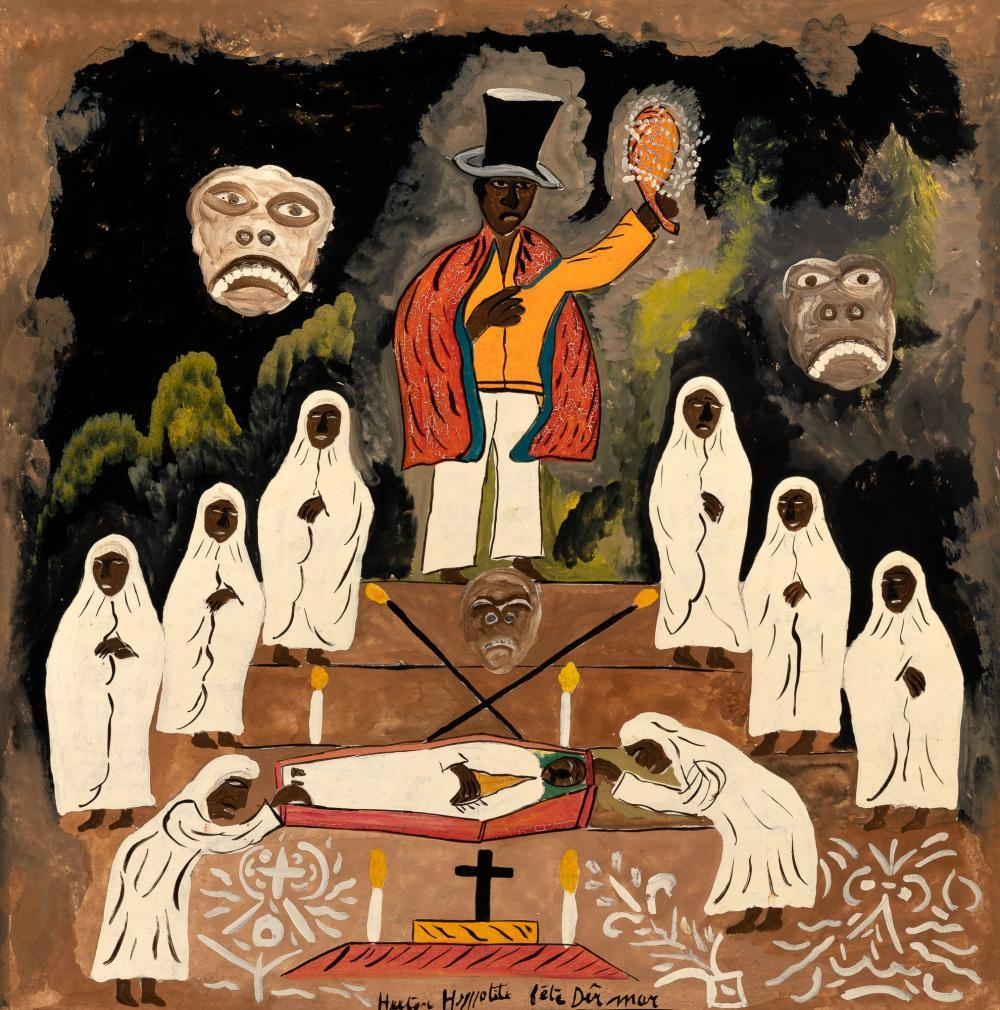 Painting of a group of Black figures wearing white shrouds gathered around a large man in a red cape and top hat, waving a round orange object. There is a coffin holding a body in the center next to a grave, and floating monstrous faces in the dark sky.