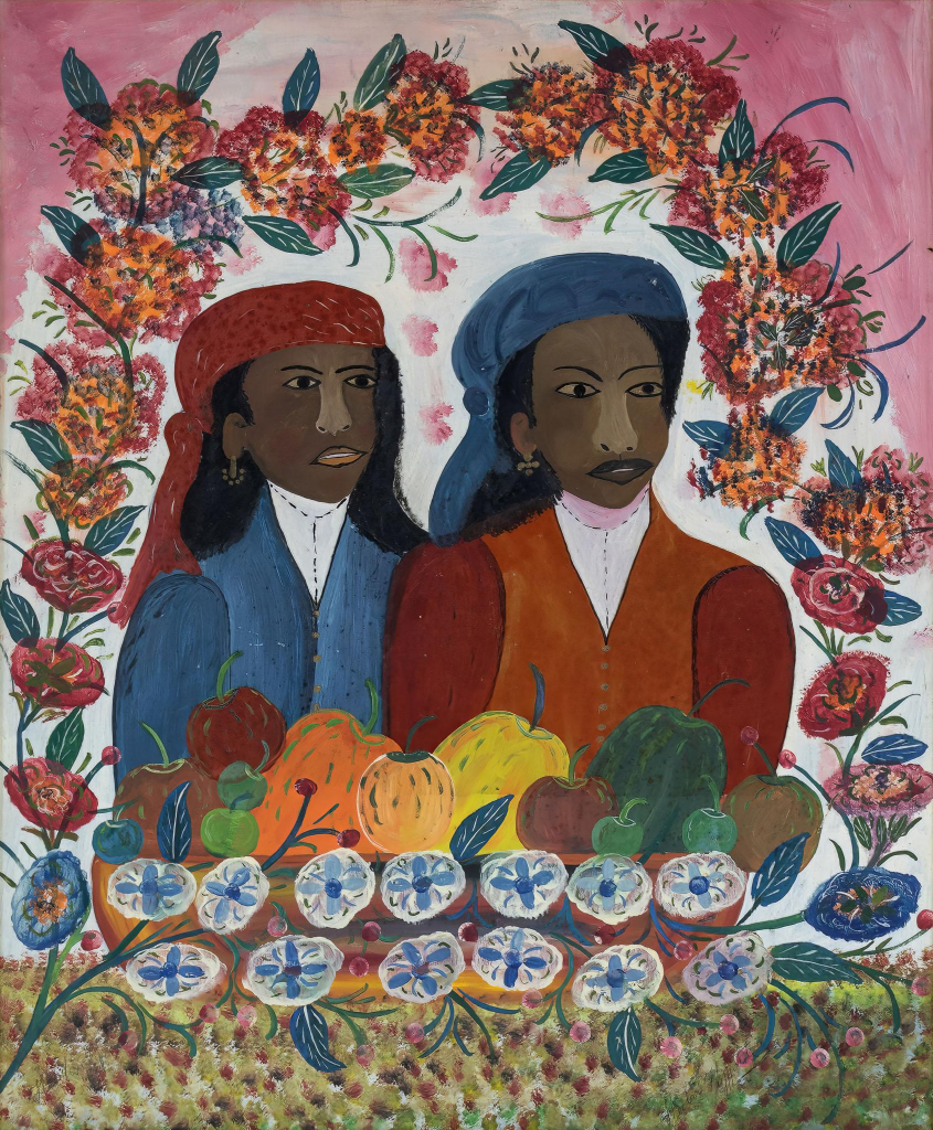 Painting of two Black figures wearing colorful head coverings and coats, surrounded by a pink and red floral garland with a basket of fruits and gourds in the foreground