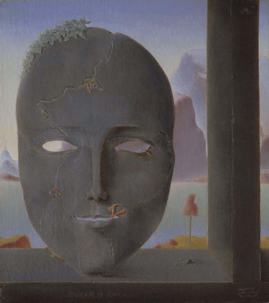 Painting of a large, cracked dark grey mask standing vertically in a window frame, with a lake and mountains in the background