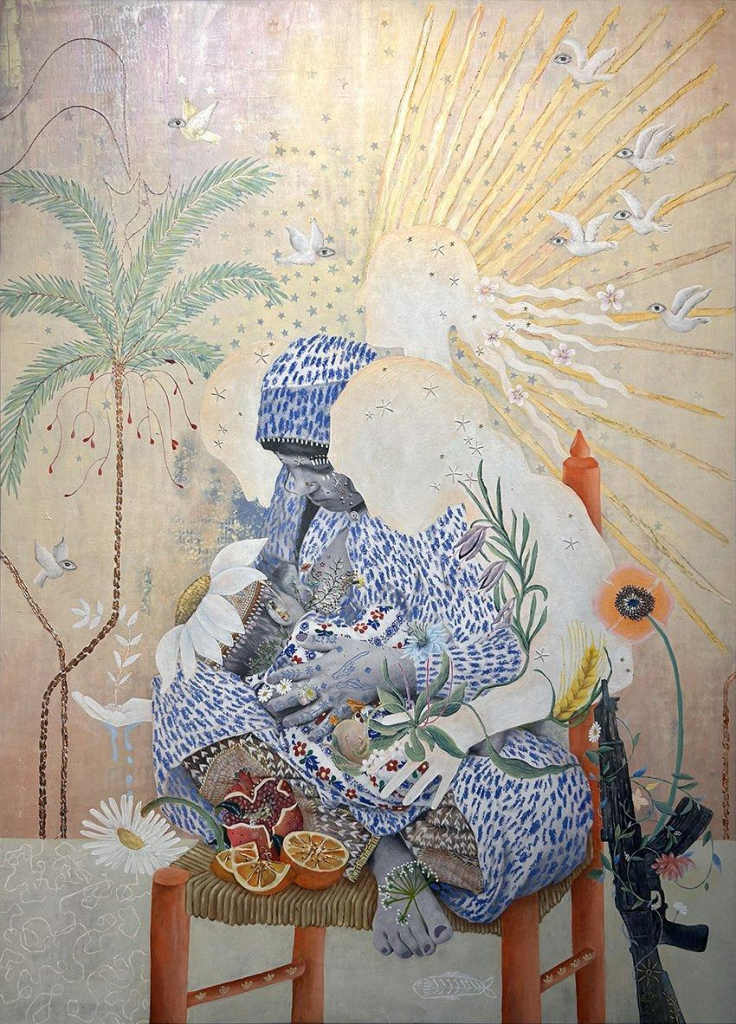 Mixed media work of a white silhouette of a woman embracing a another woman from behind who is dressed in blue patterned fabric, holding a small child of her own. Rays of light, doves, trees and flowers surround them