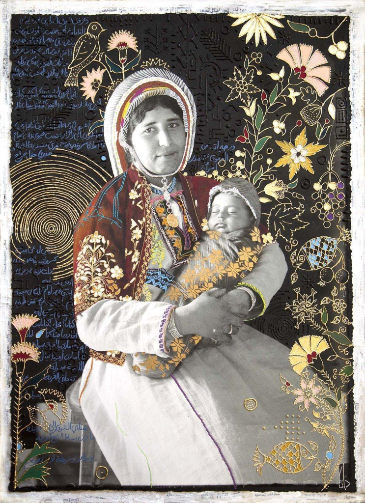 Mixed media portrait of a woman dressed in a long tunic and head covering, looking at the viewer with a small smile, holding a sleeping child wrapped in a gold-patterned blanket, surrounded by gold floral details and blue written script