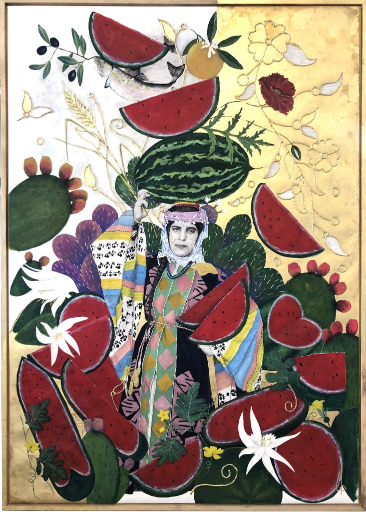 Mixed media work of a woman dressed in various patterned fabrics, holding a large watermelon over her head and surrounded by falling and floating watermelon slices and cacti, against a gold leaf background