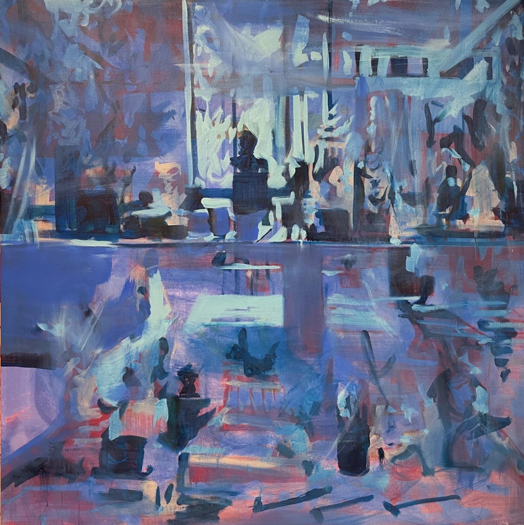 Painting in a loose, slightly abstract style in purple and pink tones, showing a sculptor's workshop filled with busts and clay forms and tools