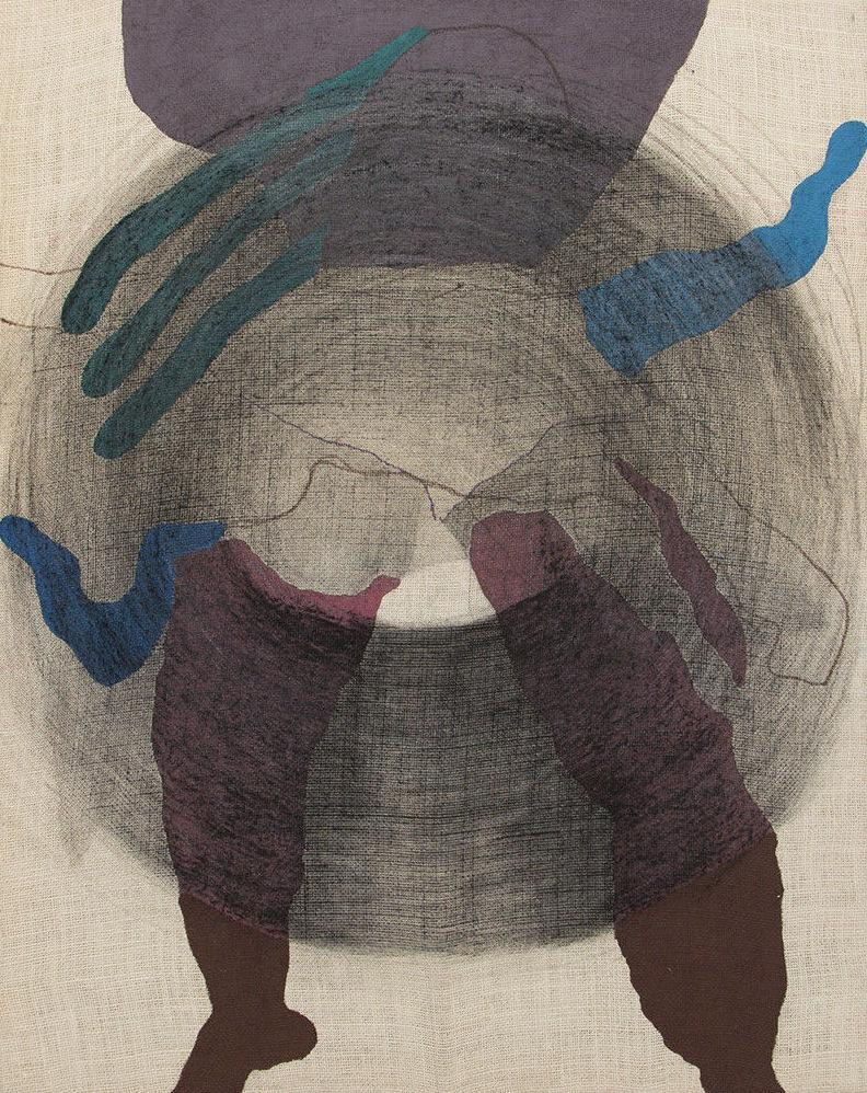 Abstract composition of several floating forms vaguely resembling legs, arms and torso, overlaid with a graphite textured circle in the center