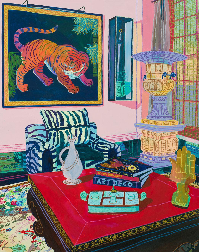 Still life painting of a pink room holding a bright red table and striped chair decorated with books, sculpture, patterned carpet, and a large painting of a tiger.