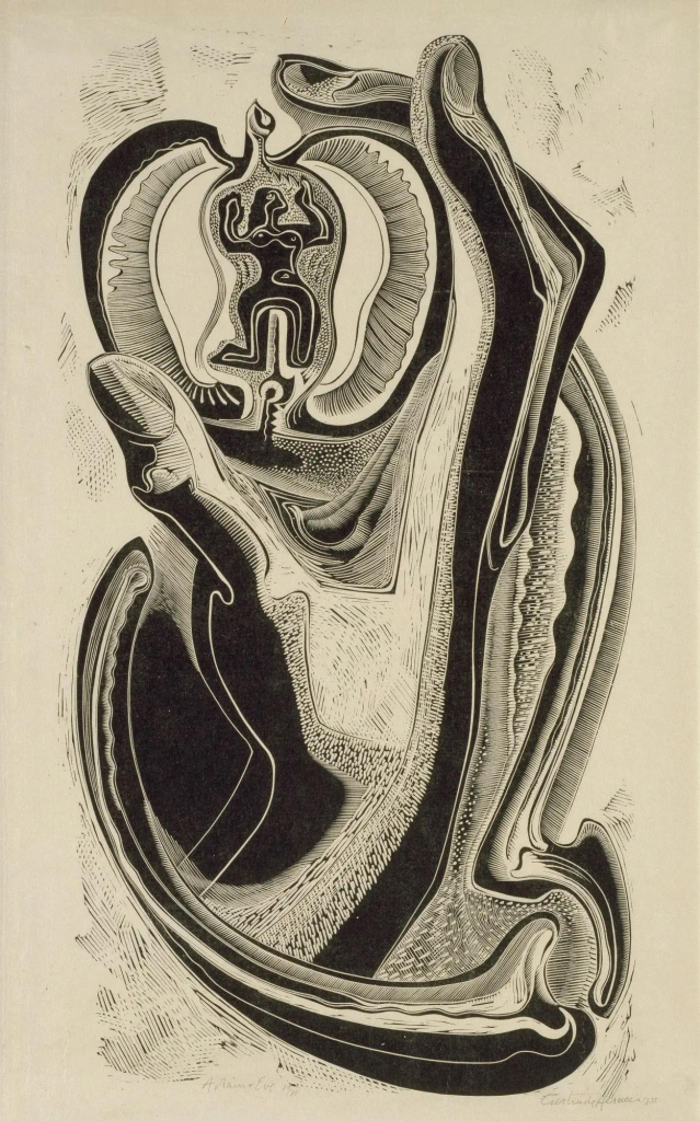 Black and white print in a bold, illustrative style depicting a large hand holding a small female figure trapped inside the core of an apple