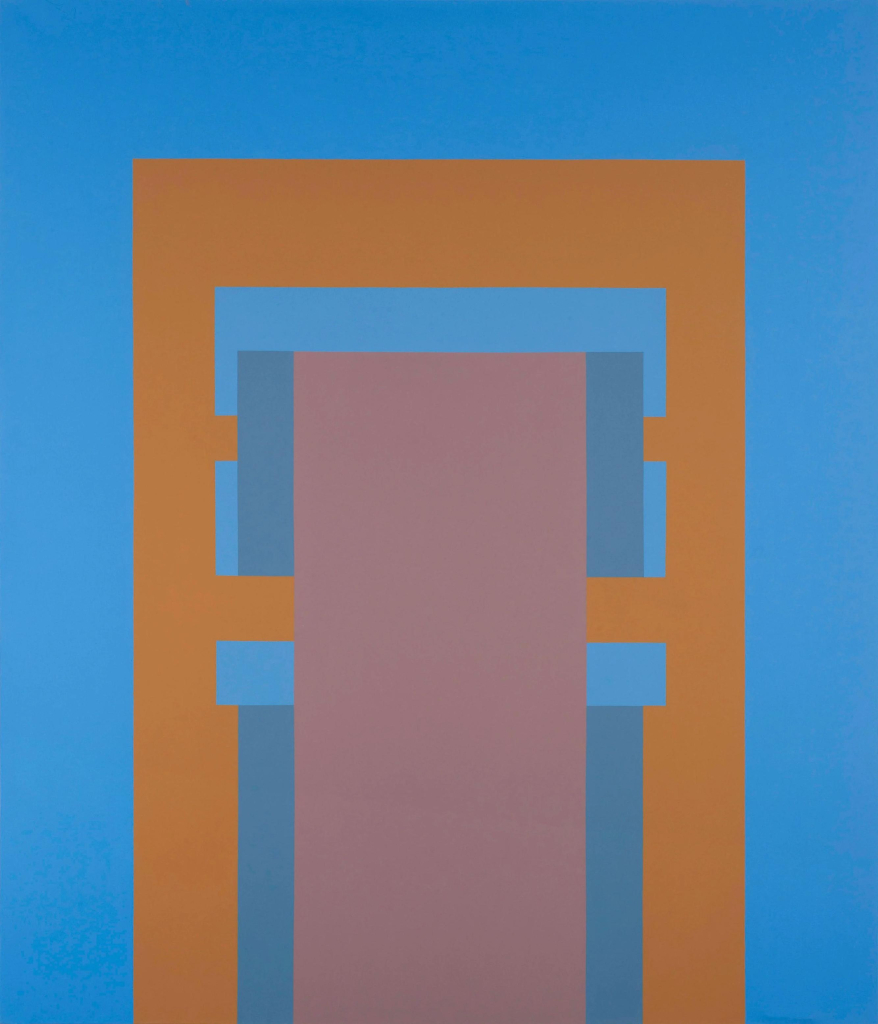 Symmetrical abstract composition of an orange rectangular shape with various openings, overlaid by a vertical mauve rectangle in the center, against a light blue background