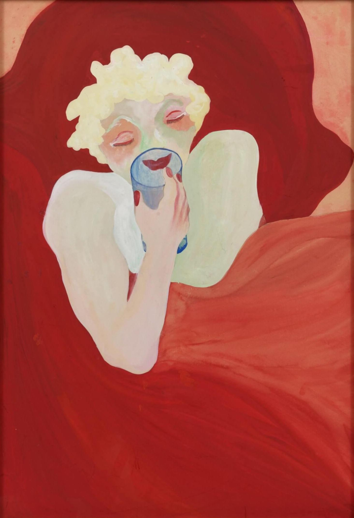 Painting of a pale figure with light curly hair and bold makeup sitting up surrounded by red bedding, holding up a glass to her mouth