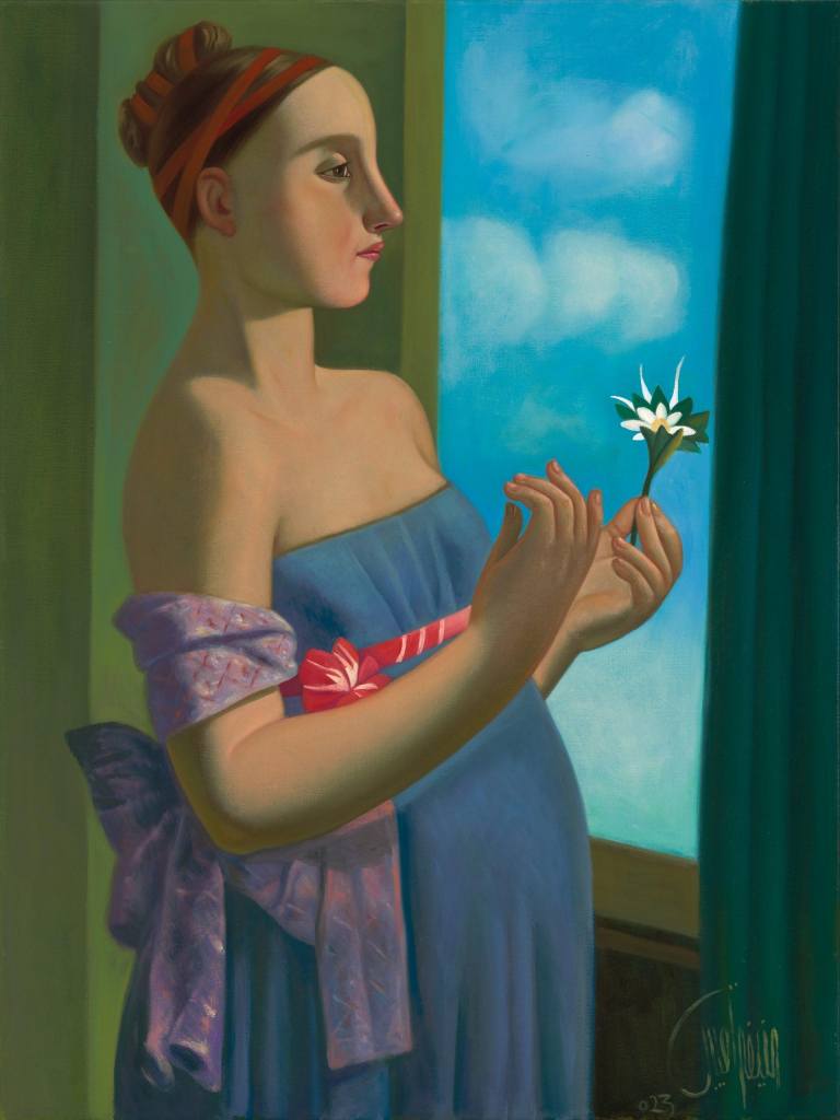 Painting in a slightly flattened, slightly exaggerated style of a fair-skinned woman standing by a window holding a white flower, wearing a sleeveless blue dress with a purple shawl and red ribbon wrapped in her hair