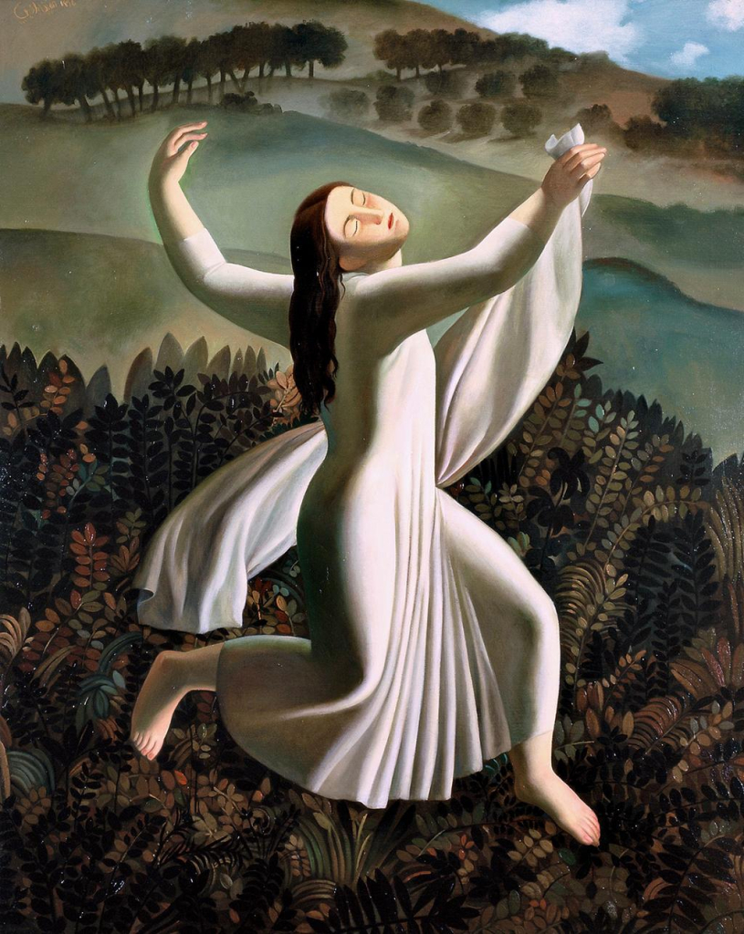 Painting in a slightly flattened, slightly exaggerated style of a fair-skinned woman with long dark hair wearing a flowing white dress and dancing in a field of brown and dark green ferns, her face upturned to the sky with eyes closed