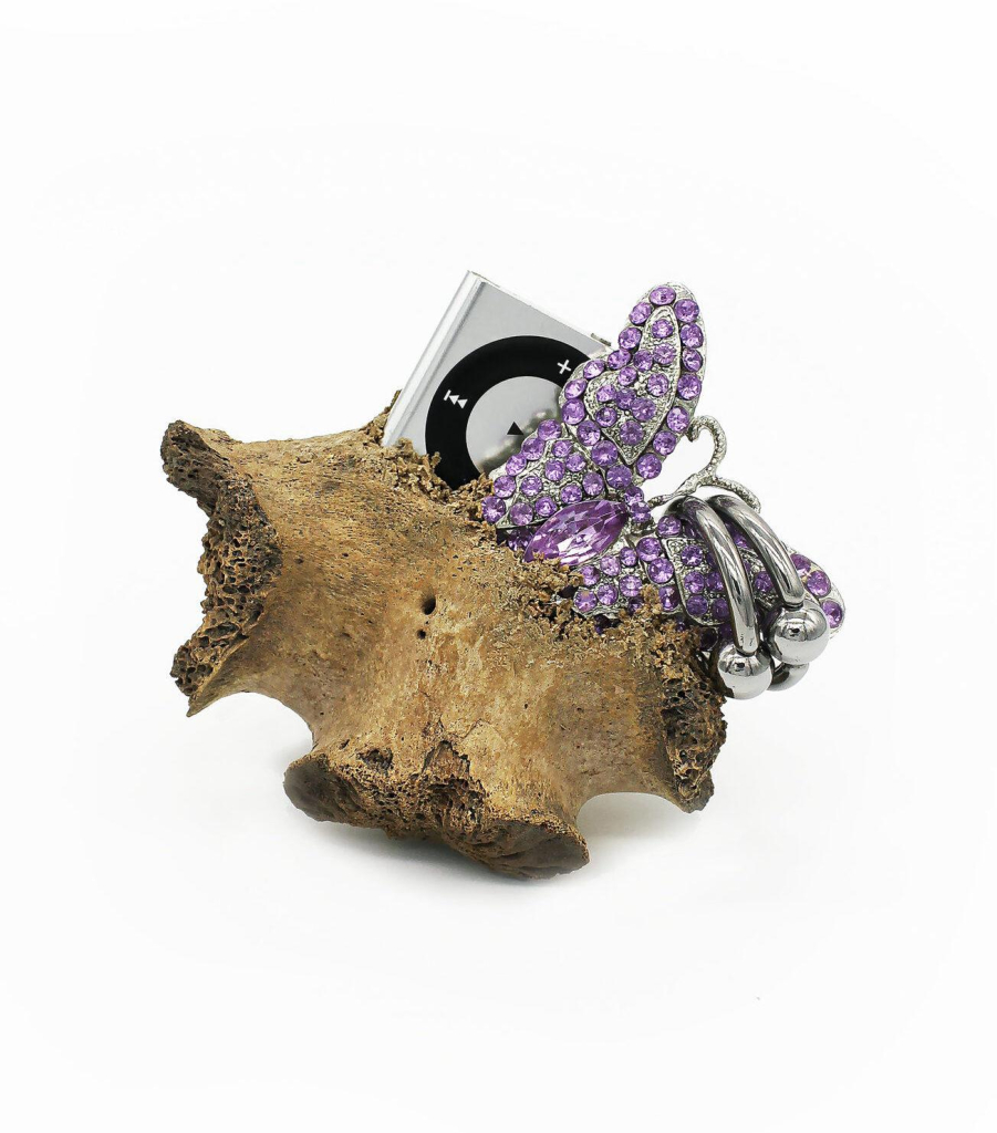 A small ipod and amethyst butterfly brooch buried in a small piece of bone or coral