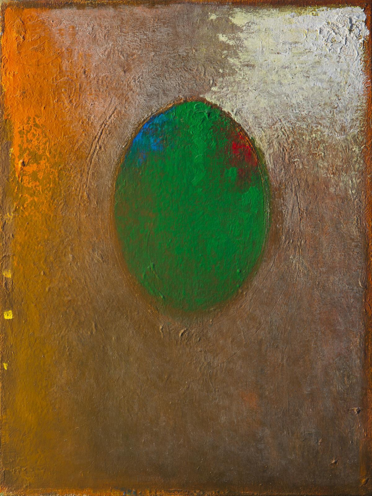 Abstract painting of a bright green egg shape floating in an expanse of metallic-tinted copper, white, and brown