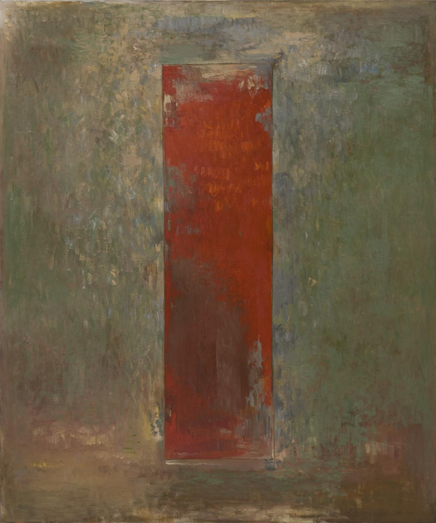 Abstract painting of a slim vertical red rectangle standing in a muddy grey-brown-green expanse