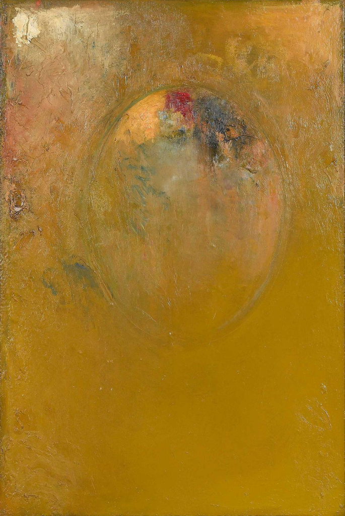 Abstract painting of a yellow egg shape floating in an expanse of mustard yellow