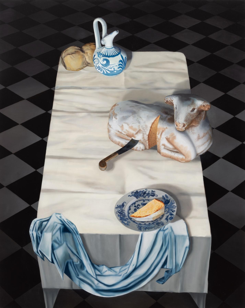 Photorealistic painting of a table with a white tablecloth holding some blue and white china and a loaf of bread shaped like a lamp, against a black and white checkered floor