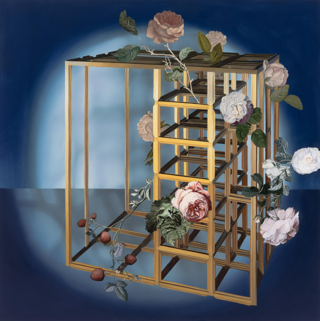 Photorealistic painting of a trellis with roses growing around it, in a blue and white ambiguous space