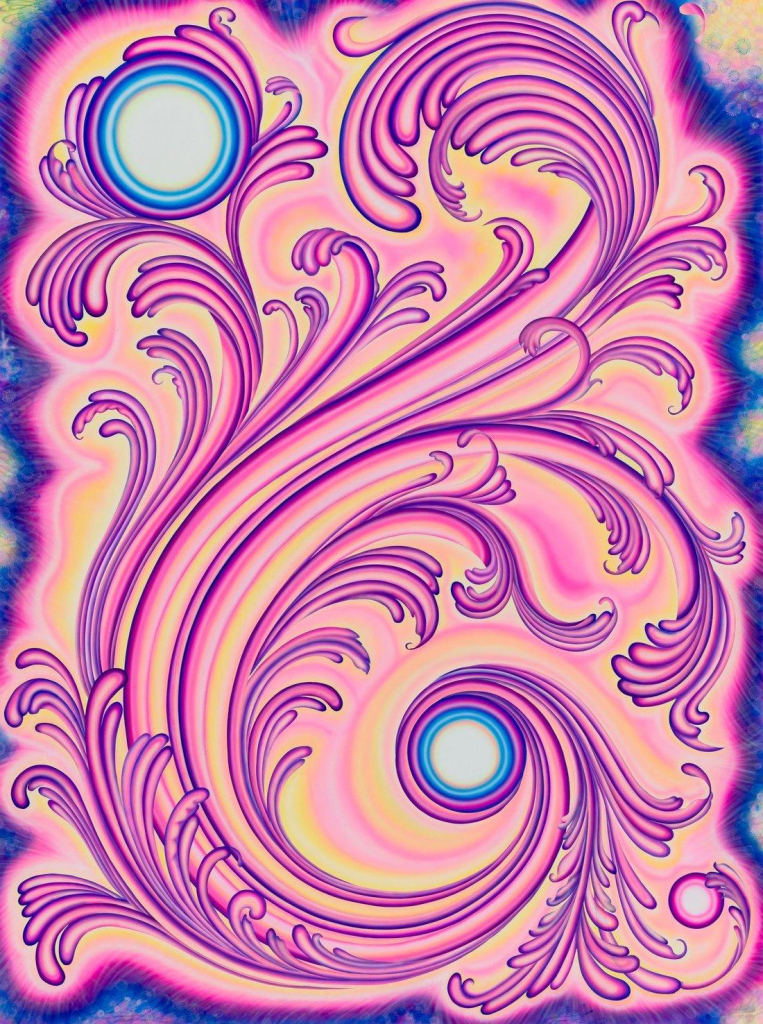 Abstract painting with a floating magenta form with long curving tendrils like curling leaves and white circles, bordered by blue lines against a soft peach background