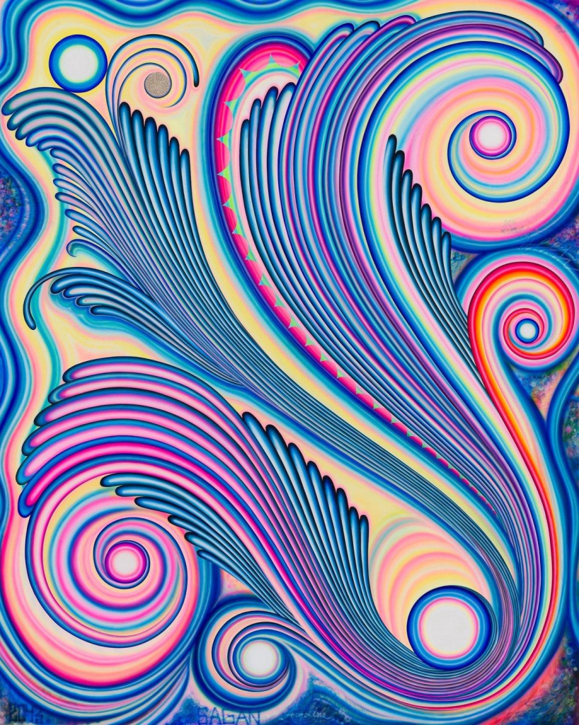 Abstract painting of long curving tendrils and circles in bright blue, red, and magenta against a yellow background