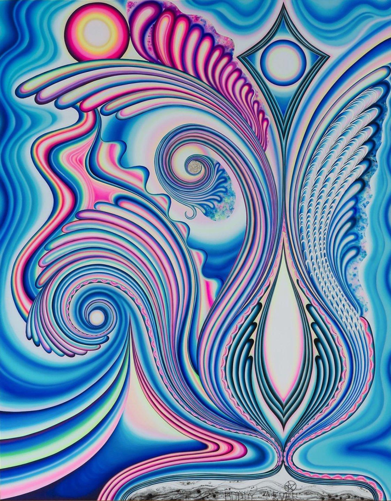 Abstract painting of long curving tendrils and circles in blue, white, and magenta against a blue background