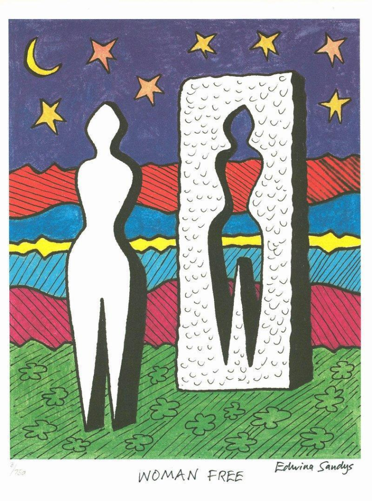 Print of a simplified, featureless white female figure standing in a field with a starry sky. Behind is a large stone slab with the empty outline of the figure. The title text reads "Woman Free"