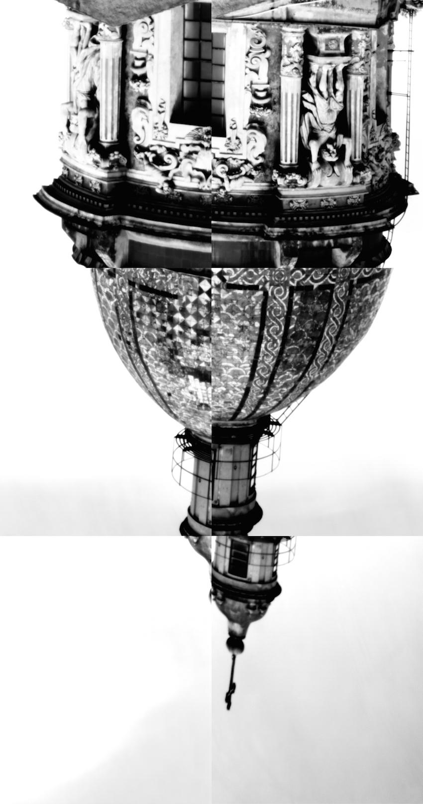 Slightly blurry black and white composite image of four photos making up a church dome with ornate carvings, shown upside down