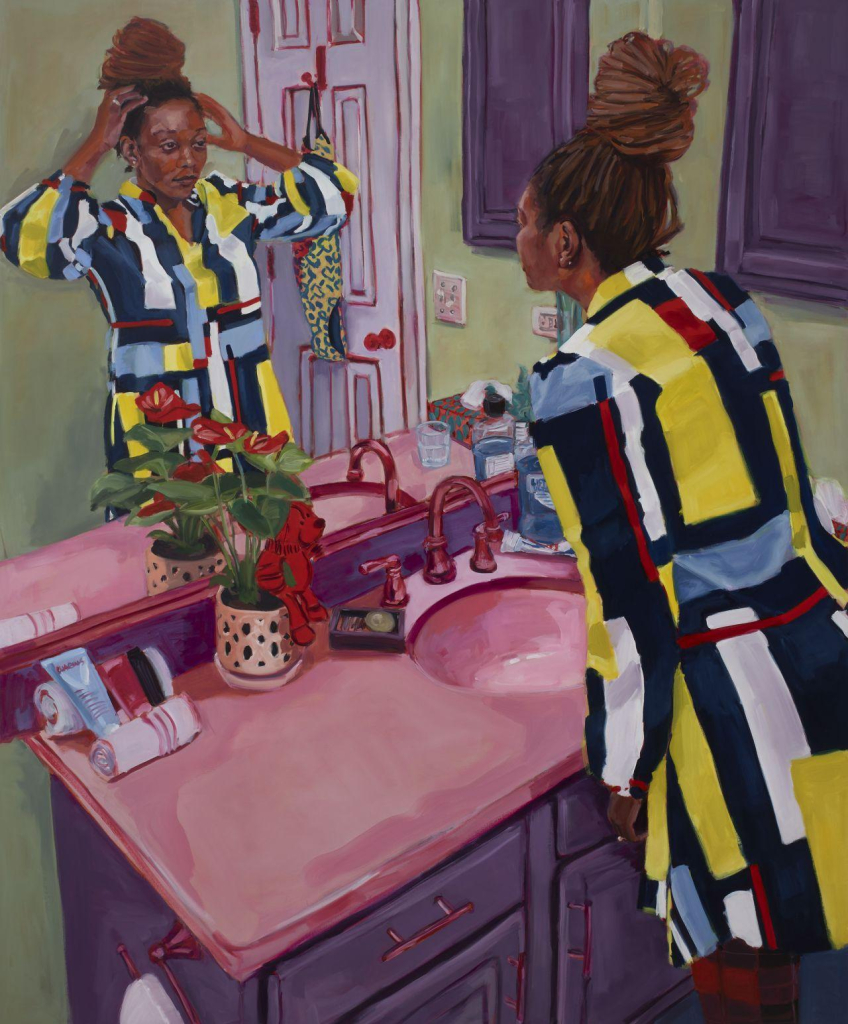 Painting of a Black woman with her hair tied into a top knot, wearing a colorful geometric pattern dress, leaning over a pink bathroom sink with a large mirror. The reflection shows her in a different pose, her hands up to her head as if adjusting her hair.