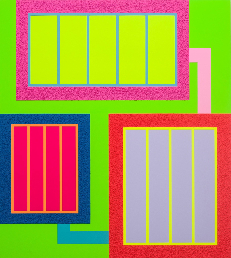 Abstract painting using day-glo paint, with shades of pink, blue, and neon green and yellow, depicting three rectangles with lines resembling bar windows, connected by angled lines