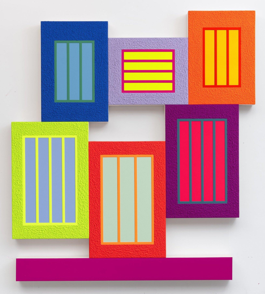 Abstract painting using day-glo paint, with shades of pink, blue, orange, and neon yellow and green, depicting several inset squares, some with vertical lines resembling bar windows. The canvas is shaped around the grouping of squares, with several zig-zag edges