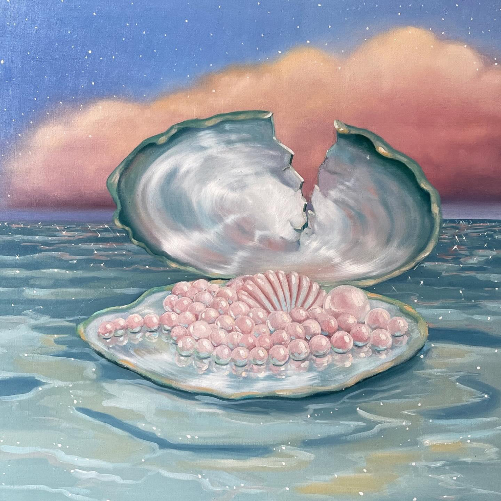 Painting of a large clam shell lying open on top of the water, holding a few dozen pink pearls. A large pink cloud sits in a night sky behind it