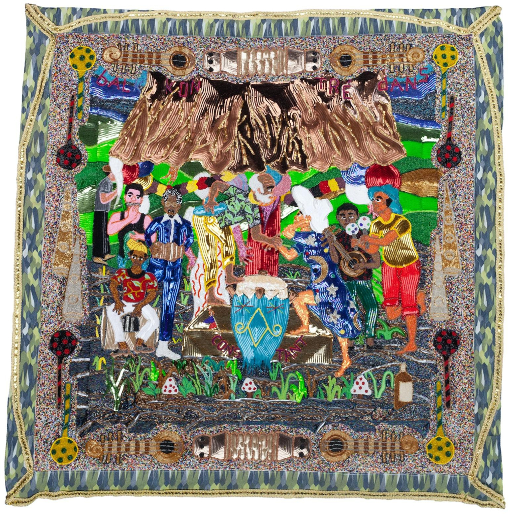 Hanging beaded textile work illustrating a scene a group of Black musicians playing instruments in a field