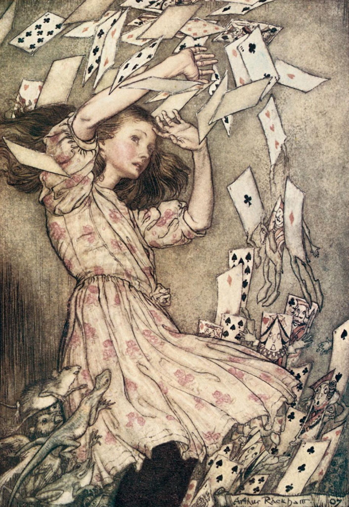 Illustration in of Alice throwing her hands up as a deck of cards swirls around her and small animals grab her skirts, in a muted sepia palette