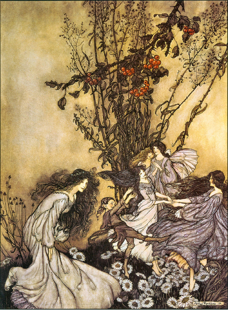 Illustration in a muted palette of a group of dancing young white women in flowing dresses and an impish boy, gathered around tall stalks of berries