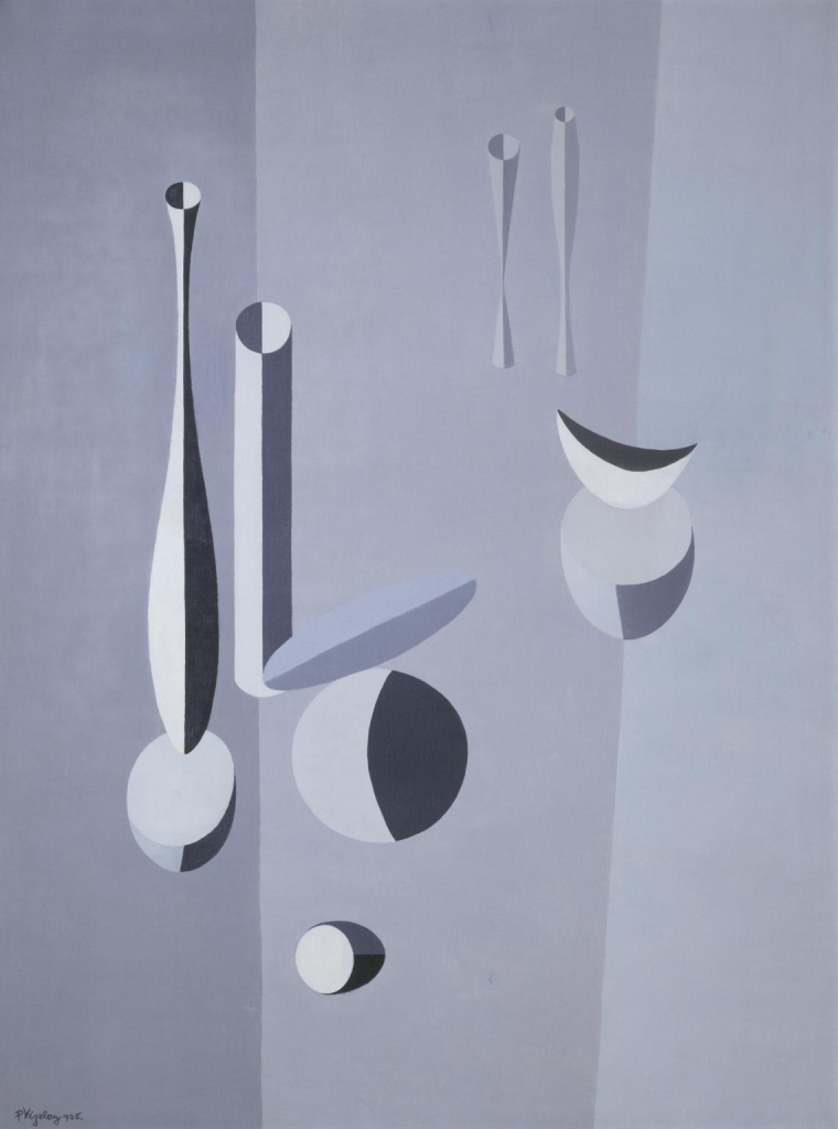 Abstract painting of circles and tube shapes floating in space, in a grayscale palette